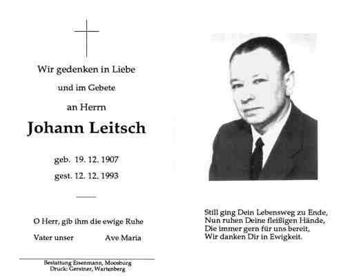 Sterbebildchen Johann Leitsch, *1907 1993