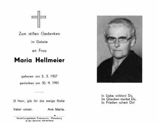 Sterbebildchen Maria Hellmeier, *1907 †1991