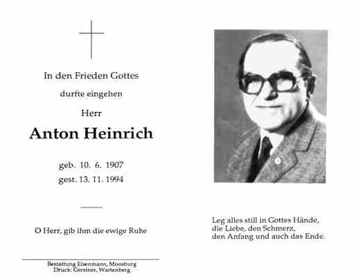Sterbebildchen Anton Heinrich, *1907 †1994