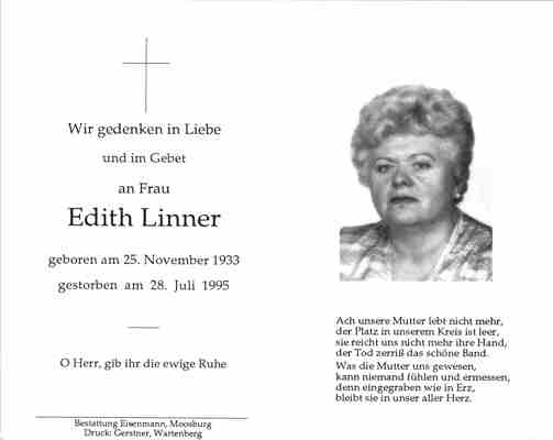 Sterbebildchen Edith Linner, *1933 †1995