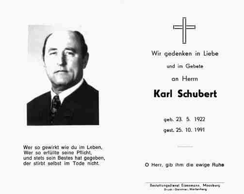 Sterbebildchen Karl Schubert, *1922 †1991