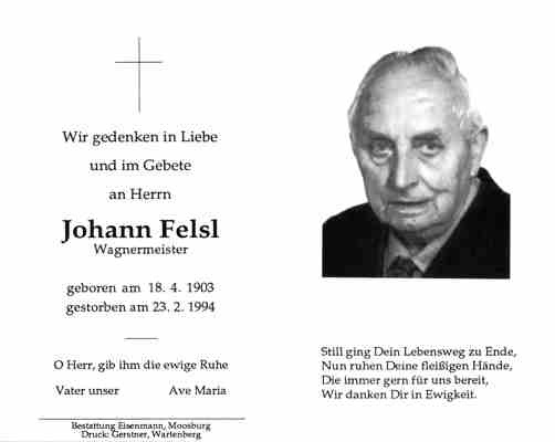 Sterbebildchen Johann Felsl, *1903 †1994