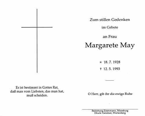 Sterbebildchen Margarete May, *1928 †1993