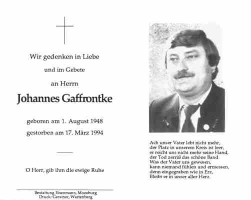 Sterbebildchen Johannes Gaffrontke, *1948 †1994