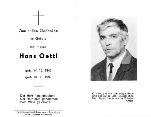 Sterbebildchen Hans Oettl, *1940 †1989