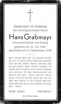 Sterbebildchen Hans Grabmayr, *1906 †1948