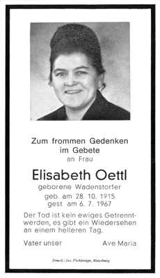 Sterbebildchen Elisabeth Oettl, *1915 †1967