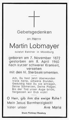 Sterbebildchen Martin Lobmayer, *1872 †1960