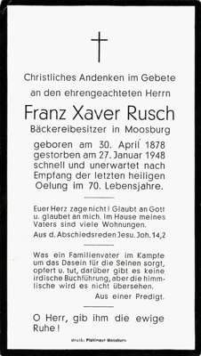 Sterbebildchen Franz Xaver Rusch, *1878 1948