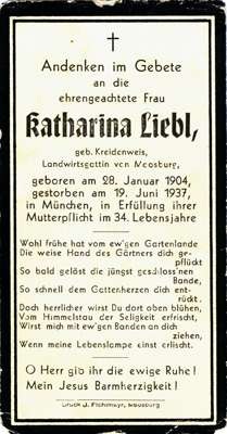 Sterbebildchen Katharina Liebl, *1904 †1937