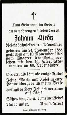 Sterbebildchen Johann Strtz, *1888 †1948
