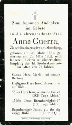 Sterbebildchen Anna Guerra, *1861 †1935