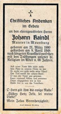 Sterbebildchen Johann Kaindl, *1880 †1948