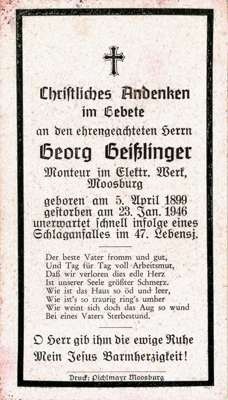 Sterbebildchen Georg Geilinger, *1899 †1946
