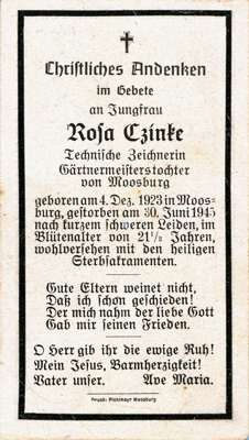 Sterbebildchen Rosa Czinke, *1928 †1945