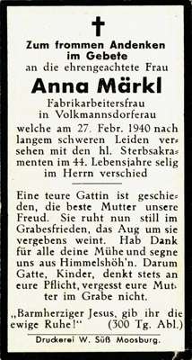 Sterbebildchen Anna Mrkl, *1896 †1940