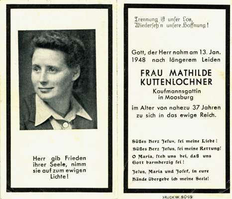 Sterbebildchen Mathilde Kuttenlochner, *1911 1948