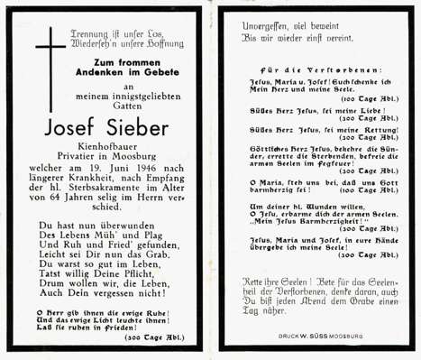 Sterbebildchen Josef Sieber, *1882 †1946