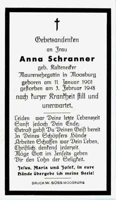 Sterbebildchen Anna Schranner, *1901 †1948
