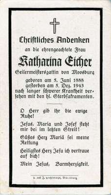 Sterbebildchen Katharina Eicher, *1888 †1943