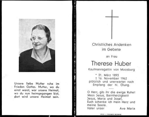 Sterbebildchen Therese Huber, *1893 †1962