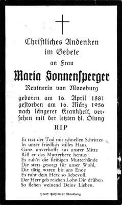 Sterbebildchen Maria Sonnensperger  *1881 †1956