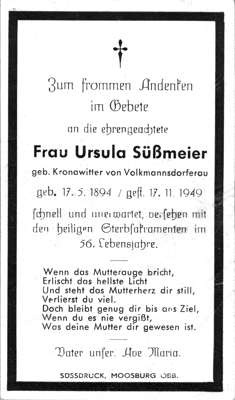 Sterbebildchen Ursula Smeier, *1894 1949