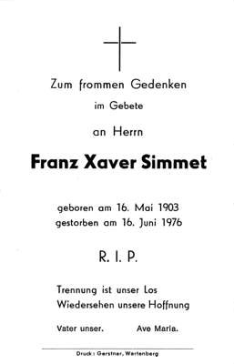 Sterbebildchen Franz Xaver Simmet, *1903 †1976