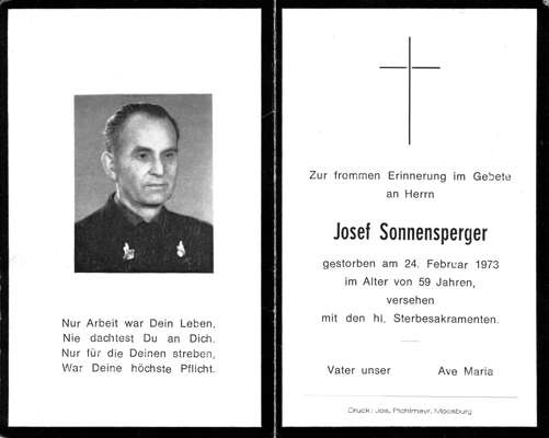 Sterbebildchen Josef Sonnensperger, *1914 †1973