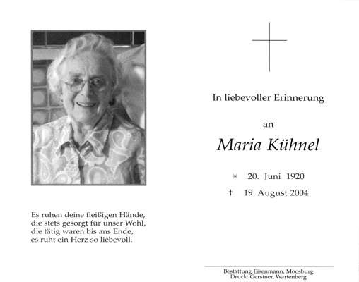 Sterbebildchen Maria Khnel, *1920 †2004