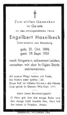 Sterbebildchen Engelbert Haselbeck, *1896 †1951