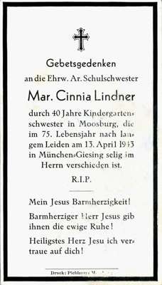 Sterbebildchen Mar. Cinnia Lindner, *1868 †1943