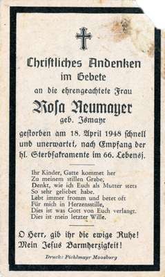 Sterbebildchen Rosa Neumayer, *1882 †1948