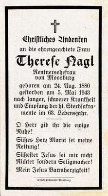 Sterbebildchen Therese Nagl, *1880 †1943