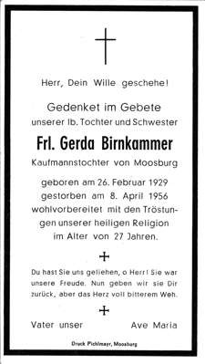 Sterbebildchen Gerda Birnkammer, *1929 †1956