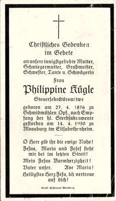 Sterbebildchen Philippine Kgle, *1876 †1950