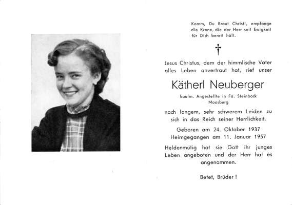Sterbebildchen Ktherl Neuberger  *1937 †1957