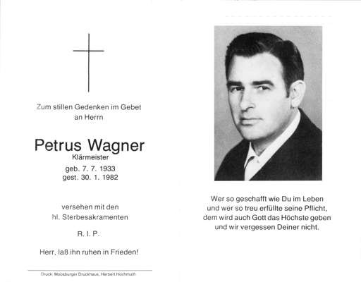 Sterbebildchen Petrus Wagner, *1933 †1982