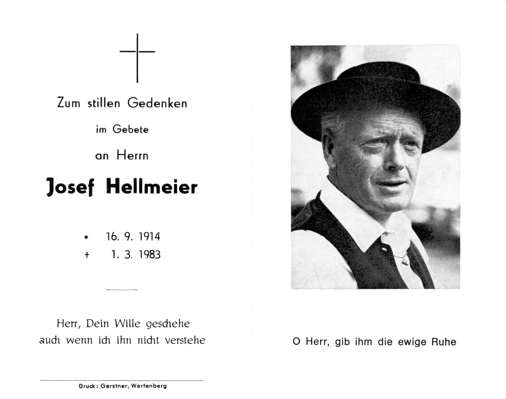 Sterbebildchen Josef Hellmeier, *1914 1983