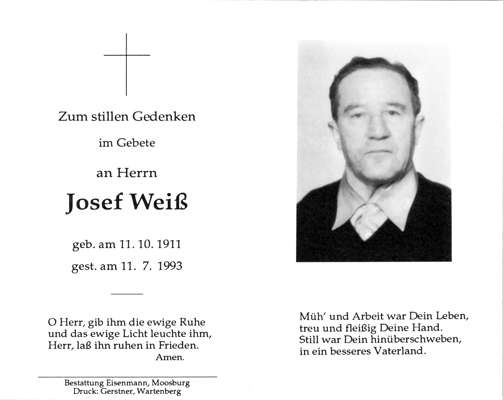 Sterbebildchen Josef Wei, *1911 †1993