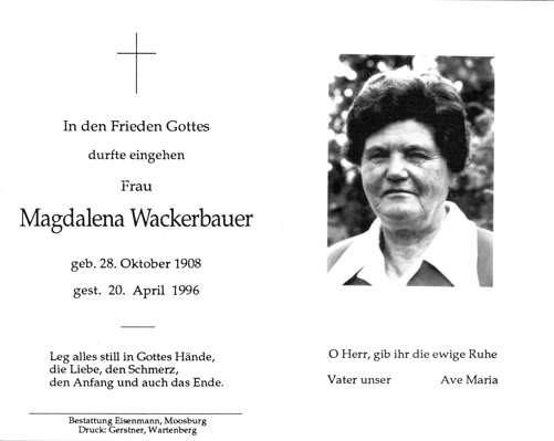 Sterbebildchen Magdalena Wackerbauer, *1908 1996
