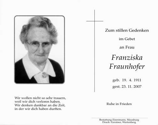 Sterbebildchen Franziska Fraunhofer, *1911 †2007