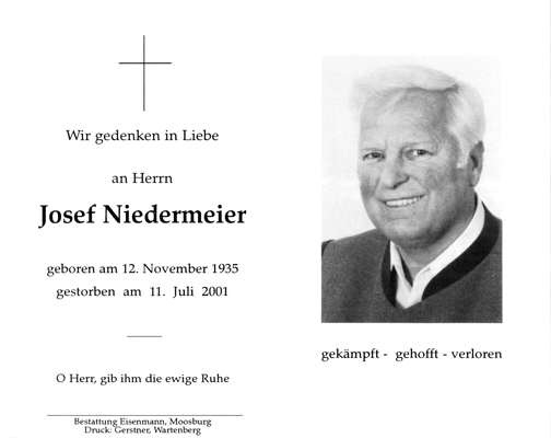 Sterbebildchen Josef Niedermeier, *1935 †2001