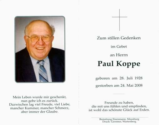 Sterbebildchen Paul Koppe, *1928 2008
