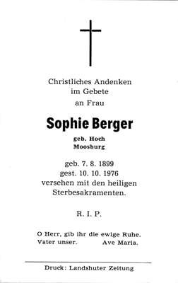 Sterbebildchen Sophie Berger, *1899 †1976