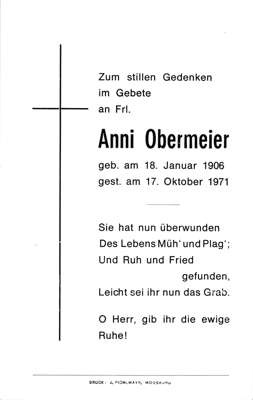 Sterbebildchen Anni Obermeier, *1906 †1971