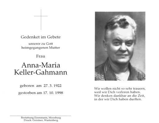 Sterbebildchen Anna-Maria  Keller-Gahmann, *1922 †1998