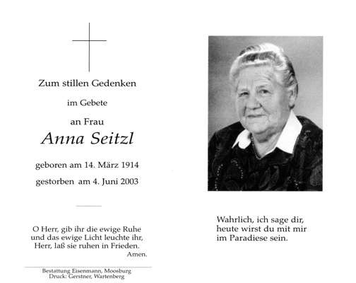 Sterbebildchen Anna Seitzl, *1914 †2003