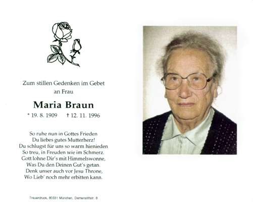Sterbebildchen Maria Braun, *1909 †1996