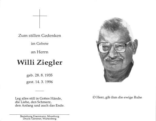 Sterbebildchen Willi Ziegler, *1935 1996